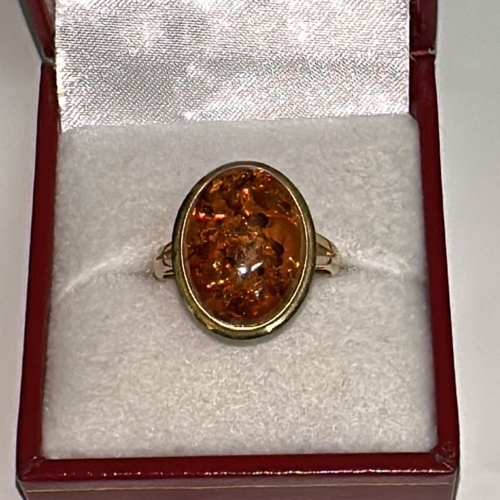 Solid 14K Yellow Gold Natural Oval Baltic Amber Ring Vintage Estate - Picture 5 of 14